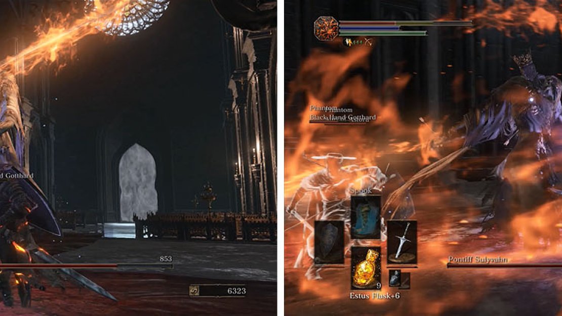 Sulyvahn duel-wields one blade of fire and another of darkness, doing sweeping attacks that have good distance.