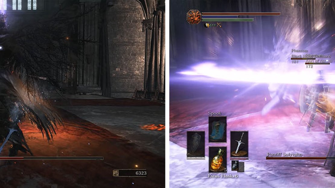 Sulyvahn raises his sword and grows black wings while summoning a clone (left). He will also gain additional skills and ranged attacks (right).