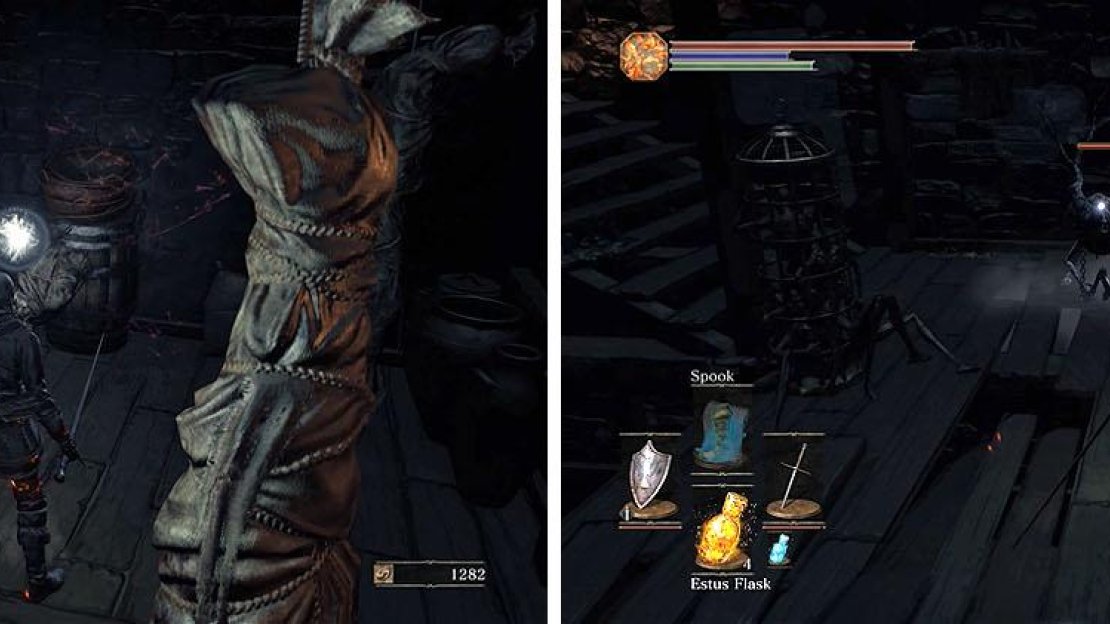 Enter the building and knock down the corpse with a treasure (left) and then head down the stairs and watch your back (right).