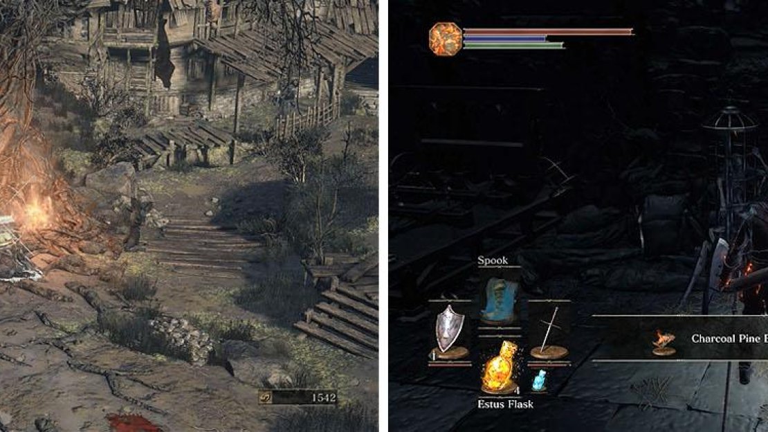 You can avoid a battle with the Cathedral Evangelist by using ranged attacks from the balcony (left). Downstairs, collect the items before heading outside (right).