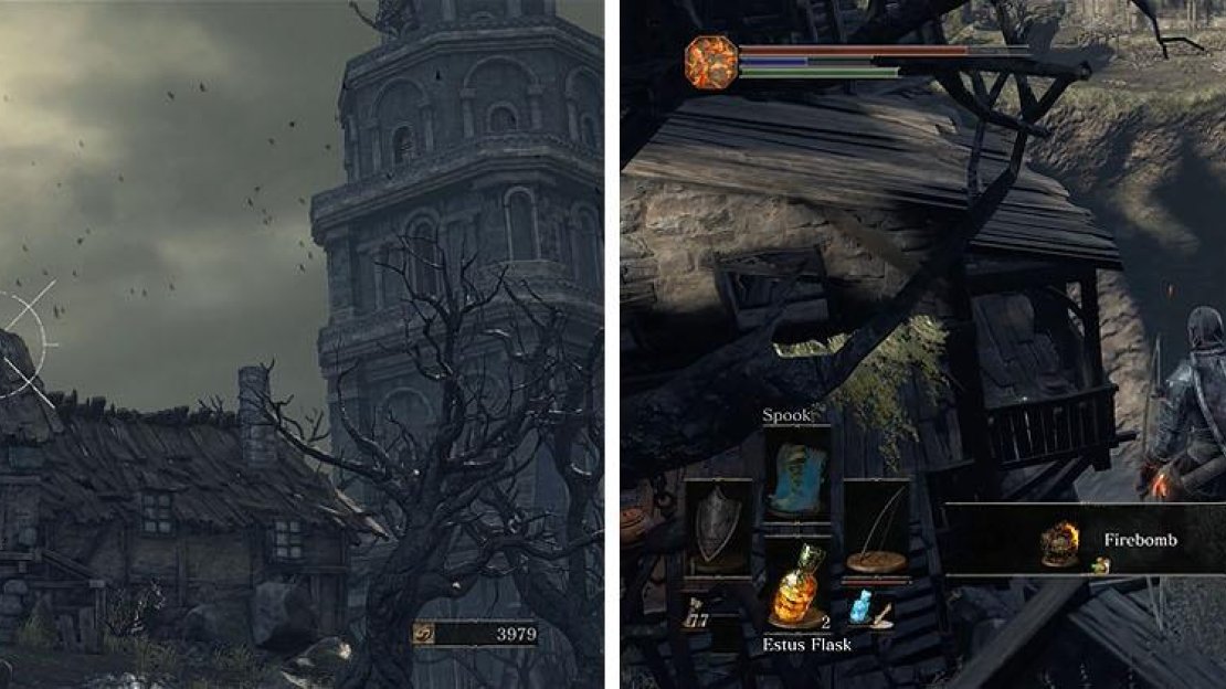Kill the enemies on the roof and then climb the ladder to collect the Firebombs.