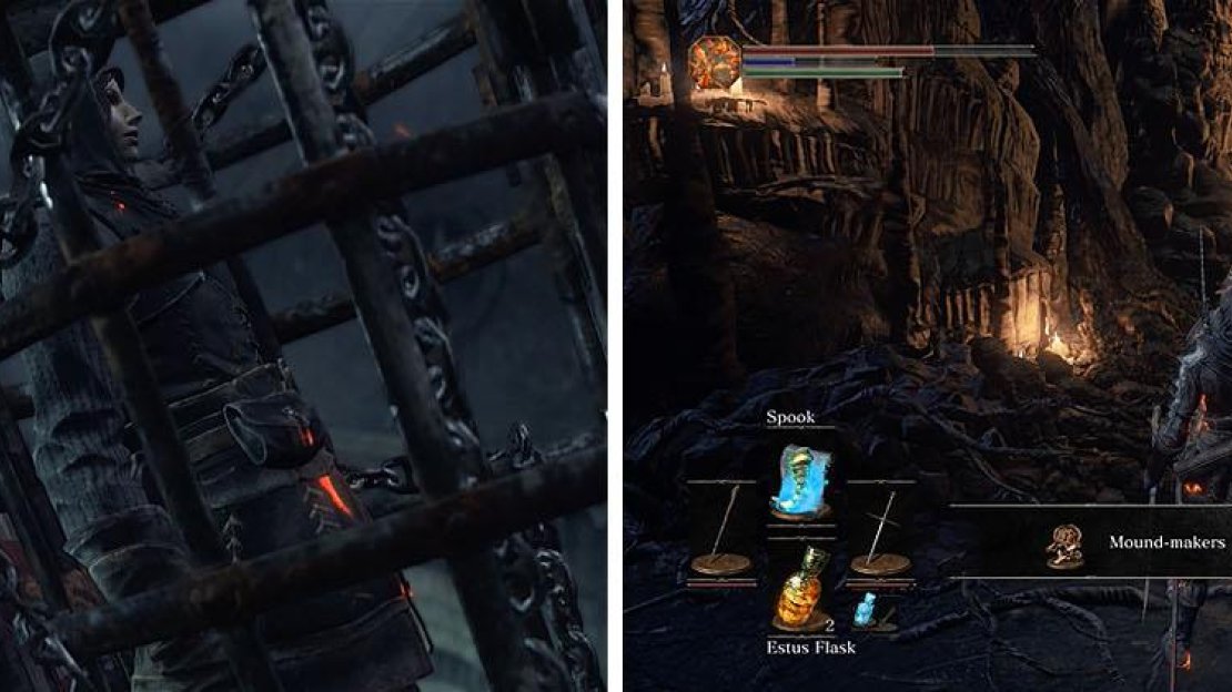 Sneak up behind the manservant with a cage to be transported to the Pit of Hollows, where you can join the Mound-makers covenant.
