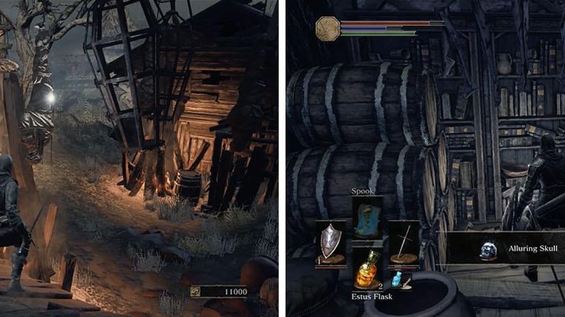 Check the courtyard for some items (left) and then head into the building and up the stairs, killing the Cage Spiders near the Alluring Skulls (right).