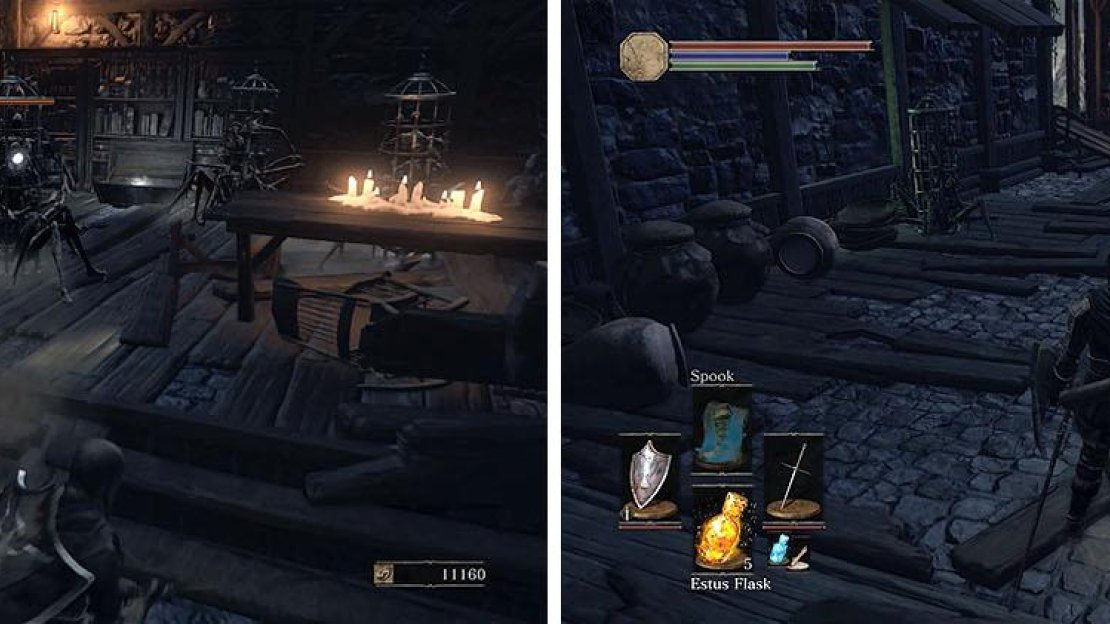Opening the chest drops a bunch of Cage Spiders from the ceiling (left). Upstairs, decide how to take on the two Evangelists (right).