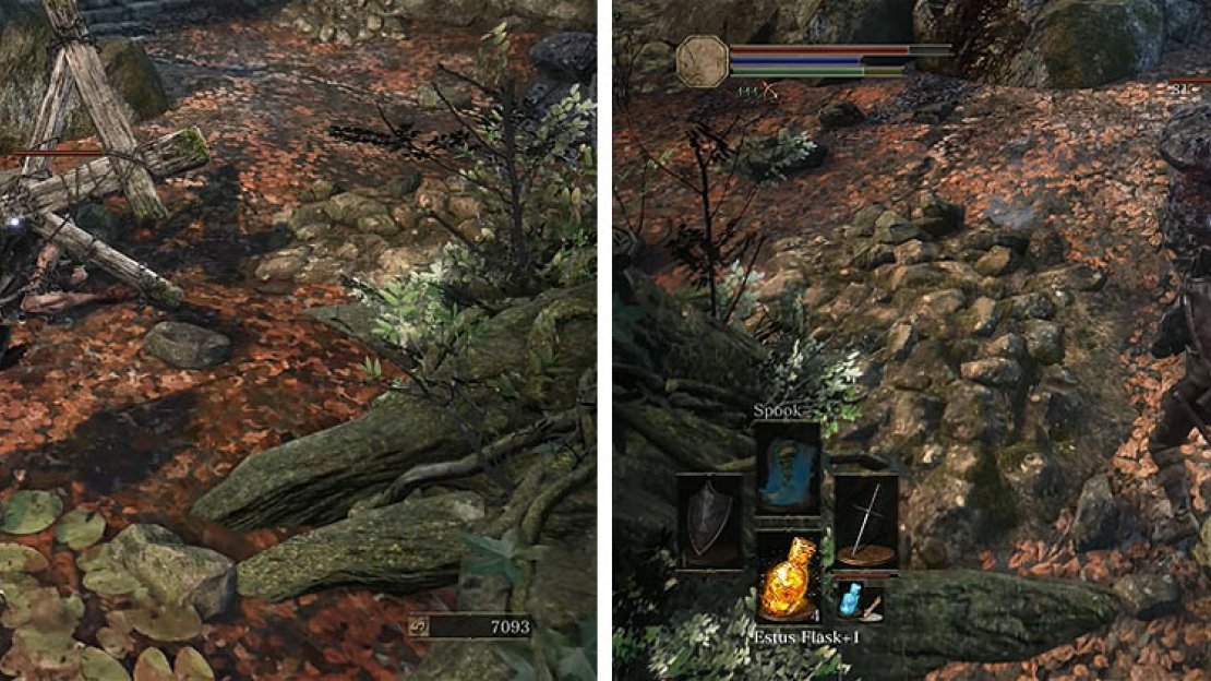 Circle behind the tree to sneak up on the Lycanthrope (left) and then kill off the reminaing enemies (right).
