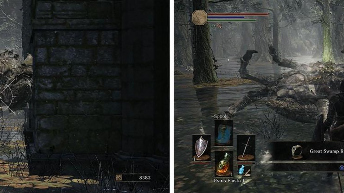 Use the choke point to defeat the Giant Crab for the Great Swamp Ring.