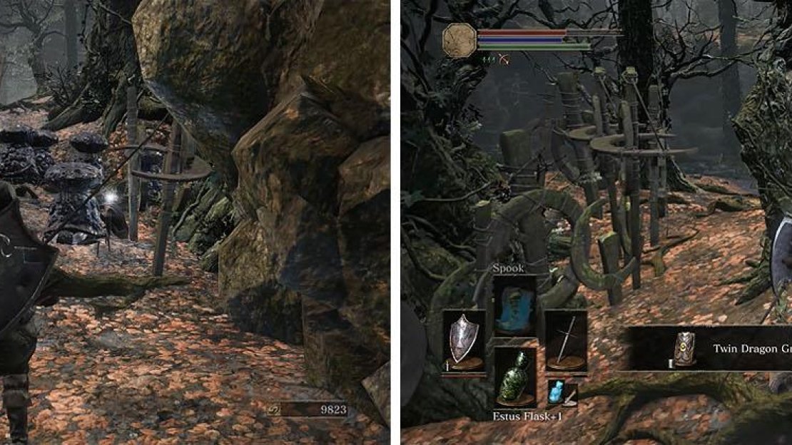 Fight your way through the woods, making sure to find the greatshield.
