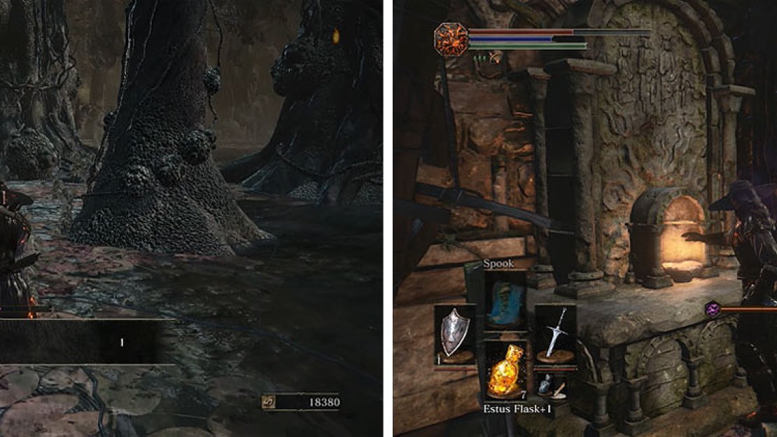 Back near the first bonfire you’ll find the Iron Flesh spell (left) and if you head to the nearby hill you’ll find the final flame (right).