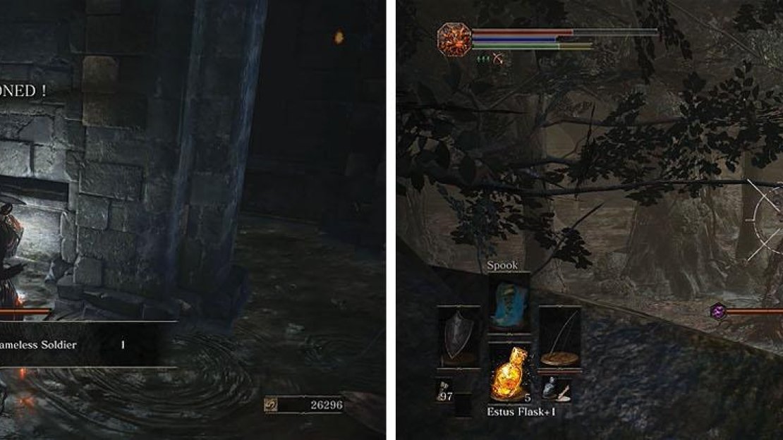 Collect the soul at the base of the stairs (left) and then head back up and use ranged attacks on the Elder Ghru in the swamp below (right).