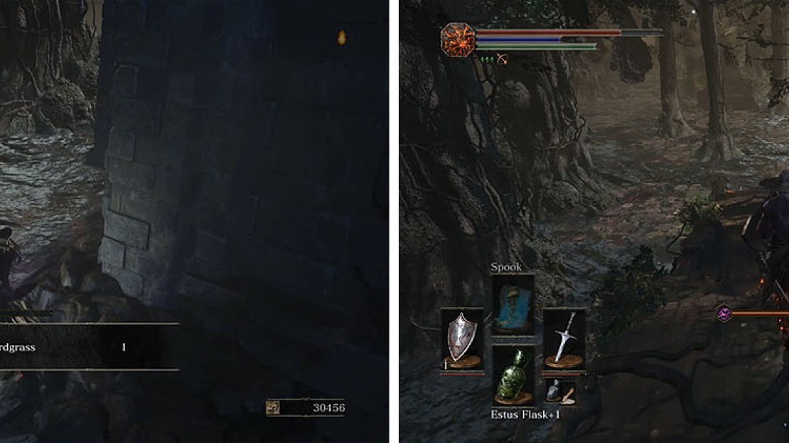 Check the side of the building for a treasure (left) and then head into the deep water. to find two ramps, each with treasures (right).