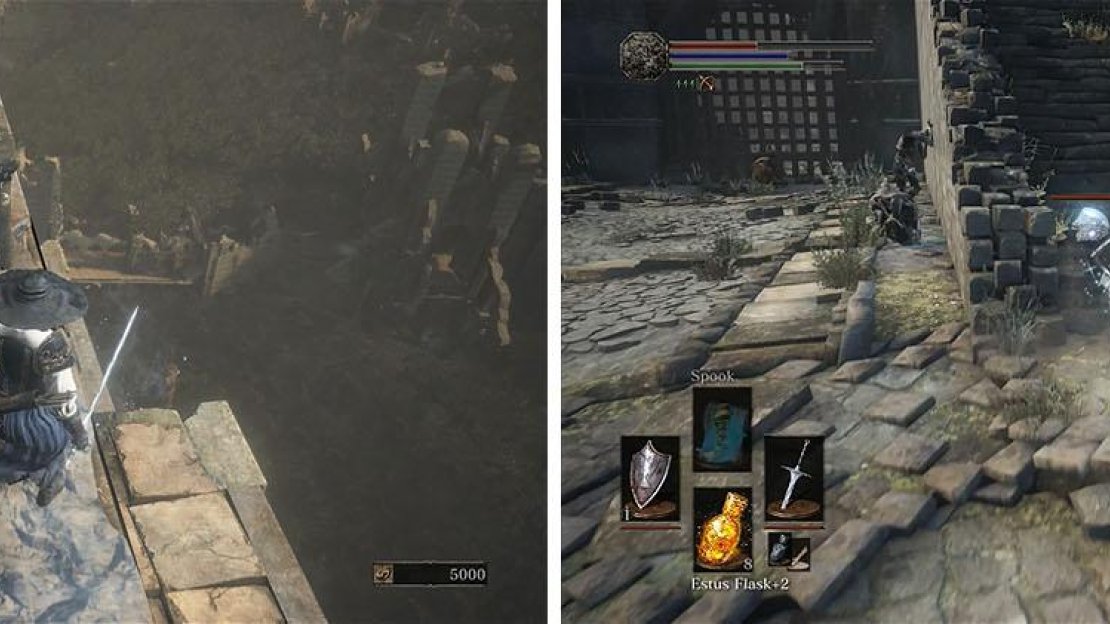 Use the ledge to reach the other side of the gate and head up the crumbled road.