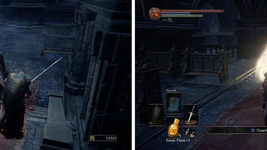 Bait the Cathedral Knights into an attack, rolling around them to strike (left). Watch out for the additional damage from their buffed weapons (right).