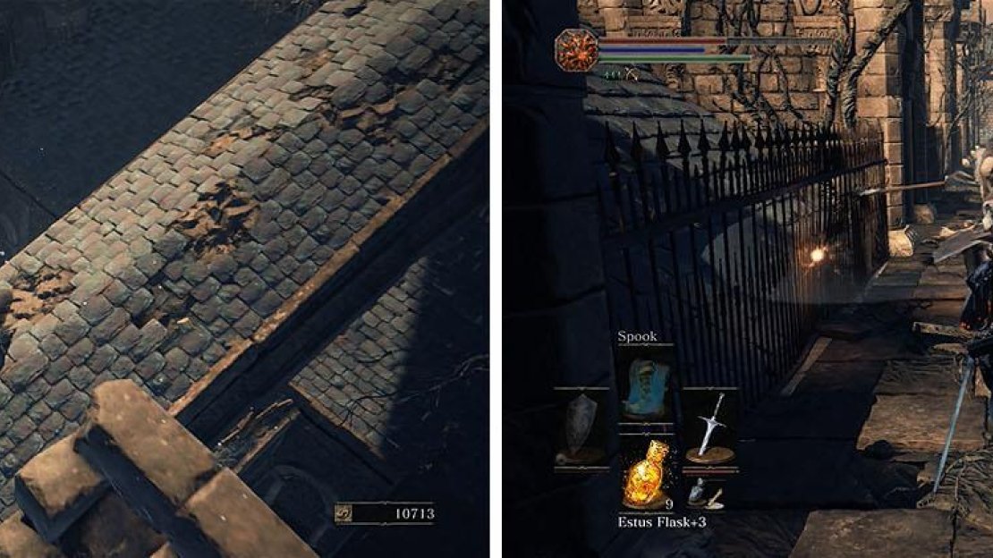 Roll off the ledge near the Deacon that drops the Deep Ring (left) and defeat the Large Devouts of the Deep and Hollow Slaves (right).