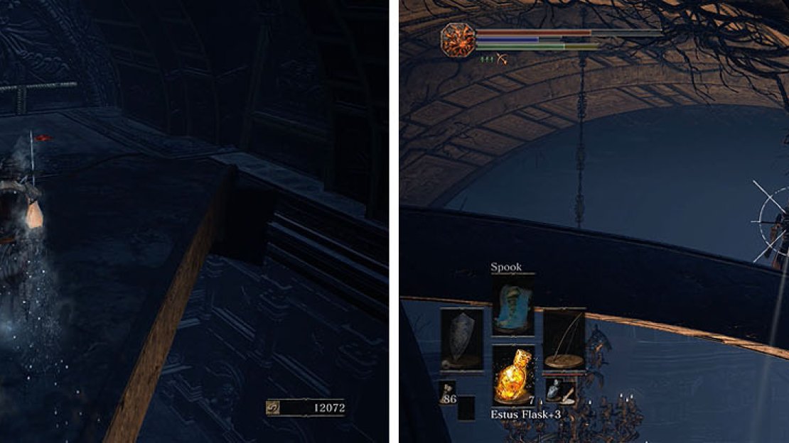 Carefully defeat the Cathedral Knights on the rafters, because falling is death.