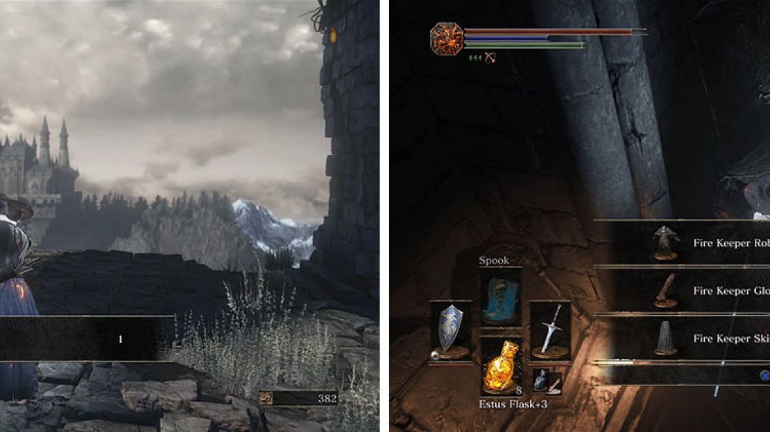 Head up the tower to find the Fire Keeper Soul (left) and then roll off the ledge inside the tower to find the Fire Keeper armor (right).