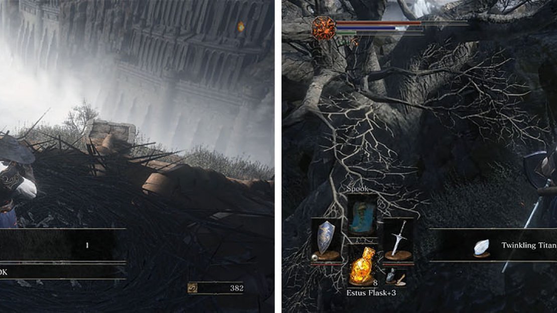 The Nestling will exchange some items for others (left). Make sure to kill the Crystal Lizard behind Firelink’s rooftop for a Twinkling Titanite (right).