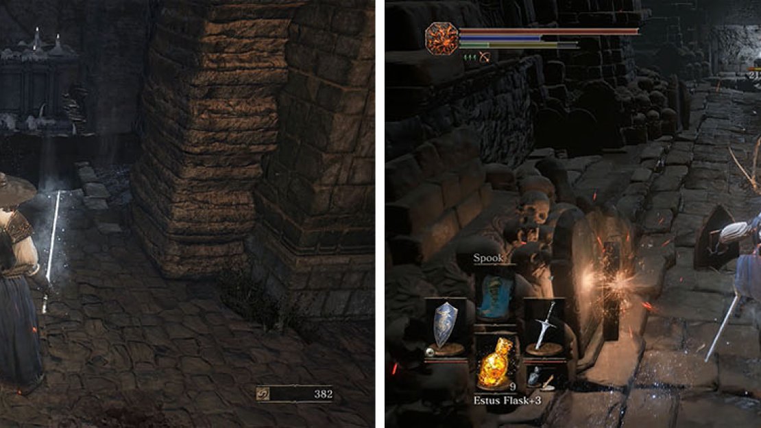 Enter the tunnel behind the Abyss Watchers bonfire to enter the catacombs (left). Note the white eyes of any skeletons, which means they will respawn (right).
