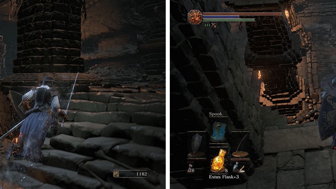 Take care of the skeleton archer upstairs (left) and then use ranged attacks on each of the Skeleton Swordsmen from the lower level (right).