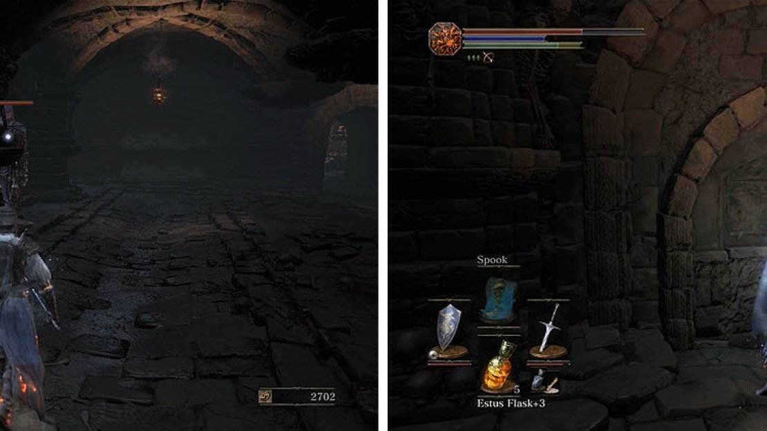 Watch out for the Skeleton Swordsman on the left and then strike the wall to reveal a hidden path with the Pyromancy Tome.