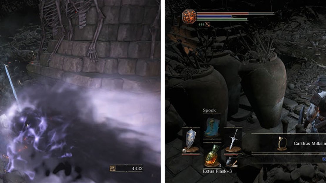 Watch out for the dark orbs that are thrown by the skeleton (left) and then wade through the pots, some of which also release these orbs, to get the ring (right).