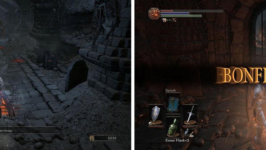 Be careful when fighting both of the Skeleton Swordsmen in the hall (left). Make sure to activate the bonfire near the ball trap (right).