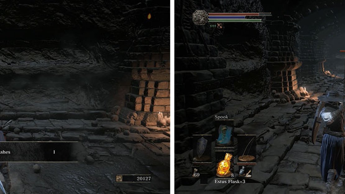 Collect the ashes at the top of the stairs (left) and then head down the hall to pull the Skeleton Swordsman (right).