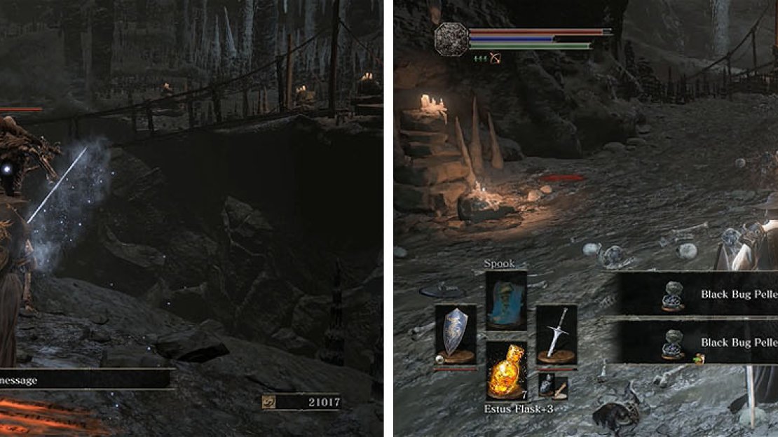 Sneak up behind the Skeleton Swordsman (left) and then enter the cavern for multiple treasure items (right).