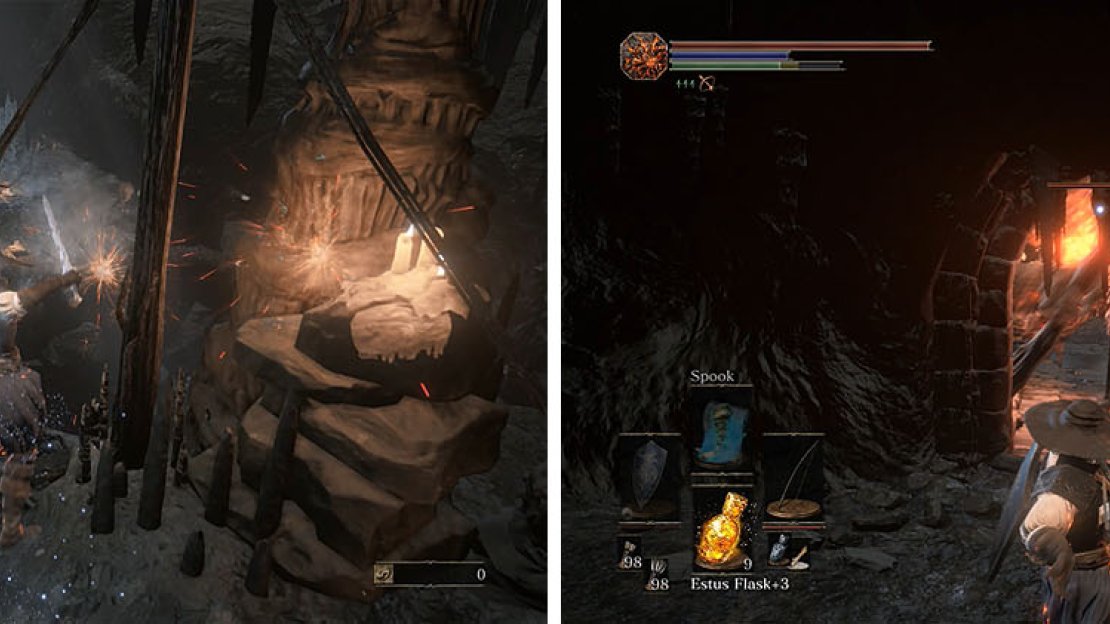 Strike the bridge near Wolnir’s bonfire to create a ladder (left) and then pull the Demon back to the archway to attack him safely (right).