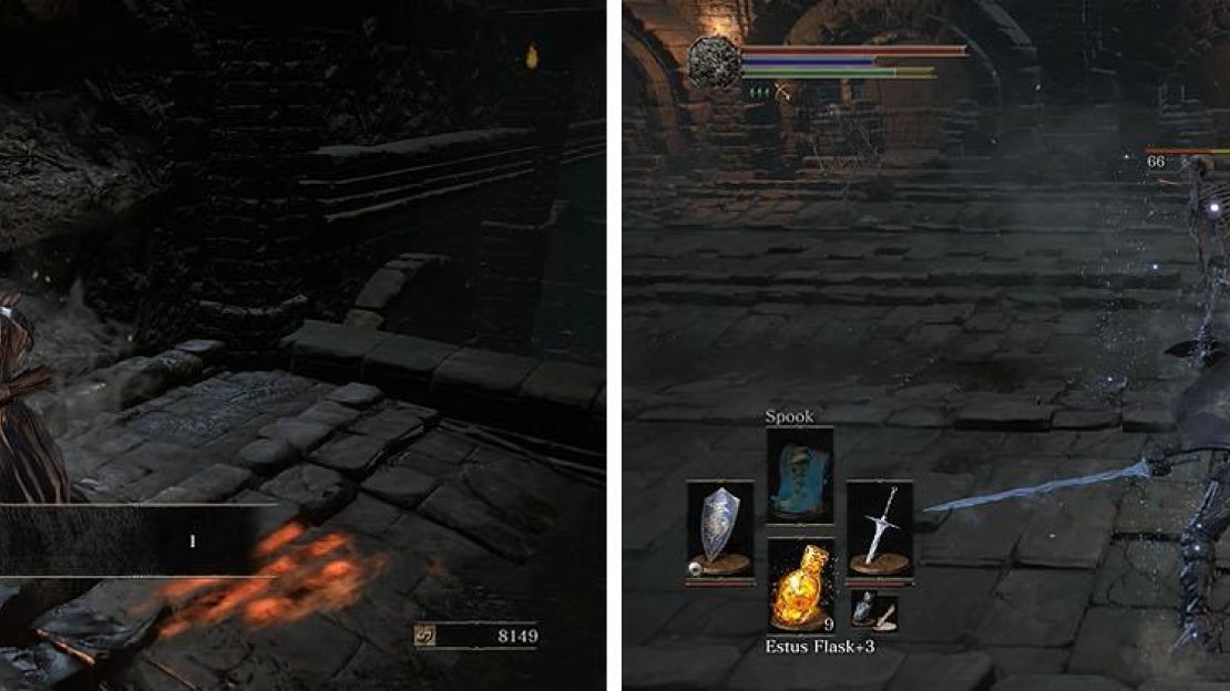 Make sure to attack the chest, which is a Mimic, and then follow the stairs down and kill the numerous skeletons.