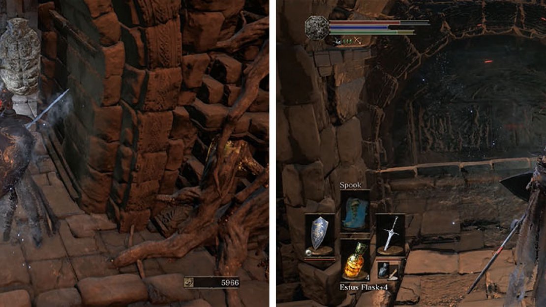 There are two enemies in the small hall near the Ember that are waiting to attack (left). Downstairs, don’t forget to strike the illusionary wall (right).