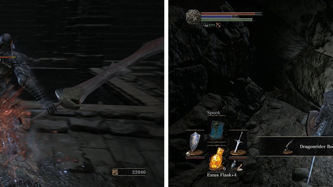 If you get behind the Black Knight you can backstab him, tossing him into the lava below (left). You can then head up the ladder and drop down to find a bow (right).