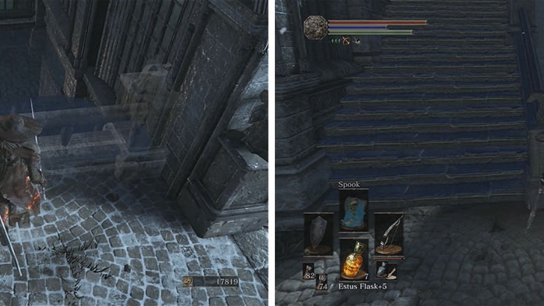The illusionary wall reveals a set of stairs leading down and a Pontiff Knight.