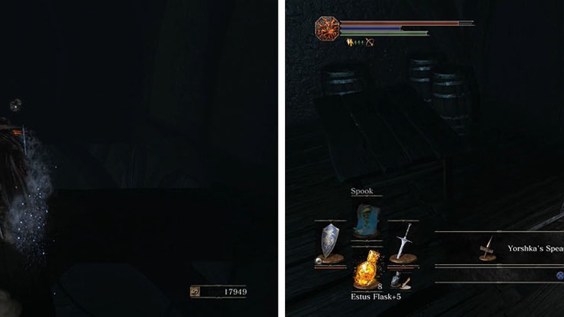 Take the ladder to the rafters and fall to the platform to find Yorshka’s Spear.