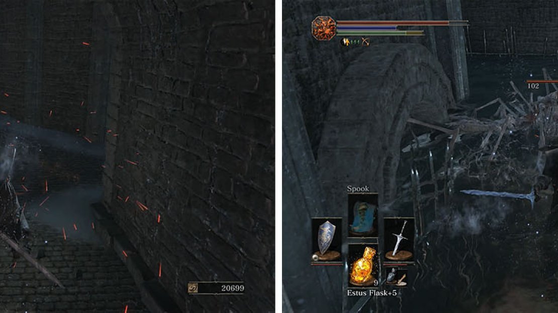 Reveal the hidden path to find a Crystal Lizard (left). In the water, watch out for Sewer Centipedes that hide in the water (right).