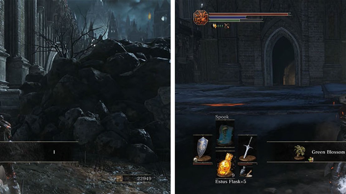 Search the water for some items and then head through the arch to find a bonfire.