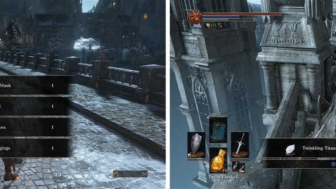 Return to the bridge to find Creighton’s armor (left) and then exit Sulyvahn’s boss area to kill two Crystal Lizards (right).