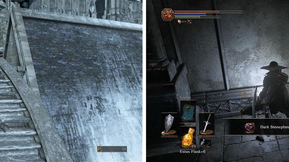 There is item hanging off the edge of the building, but you can’t get it yet (left). Make sure to check the dead end for a Dark Stoneplate Ring (right).