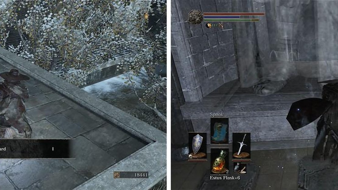 Grab the Large Titanite Shard near the shortcut (left) and make sure to reveal the hidden path to the Darkmoon Chamber (right).