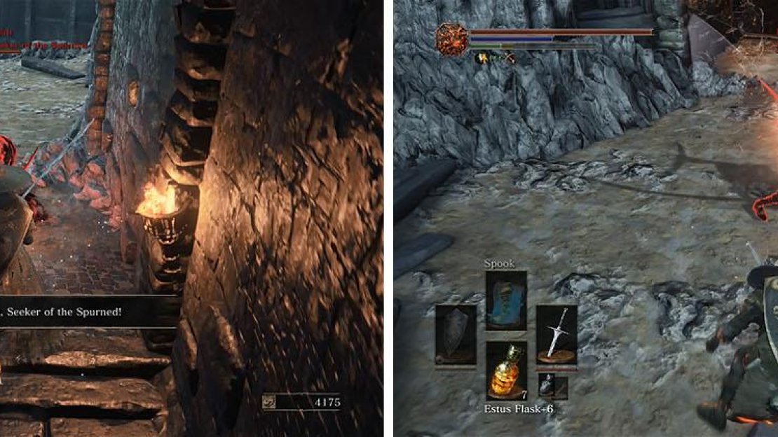 Wait for Alva to spawn in the hallway to start the fight with a backstab (left) and then roll out of the way of his spinning combos (right).