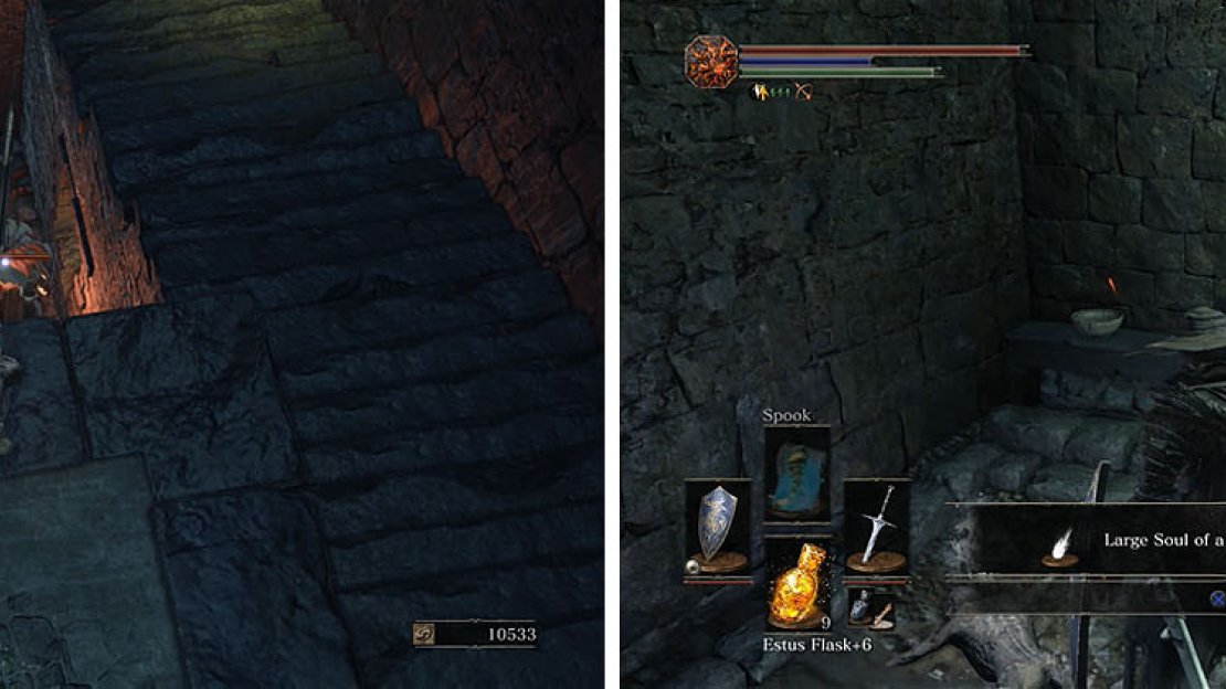 The stairs leads to an area with a Jailer and some Cage Spiders (left) and just outside to the right is a soul on the body of a corpse (right).