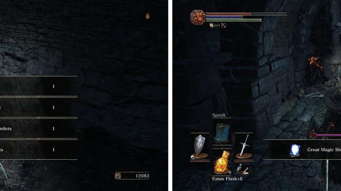 Make sure to grab the Old Sorcerer armor (left) and defeat the Corpse-grub for the Great Magic Shield spell (right) before backtracking.