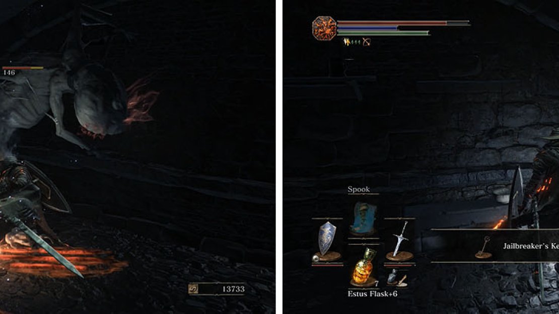 The Wretch on the wall is not an ally (left), so kill it and then collect the Jailbreaker’s Key from one of the cells (right).