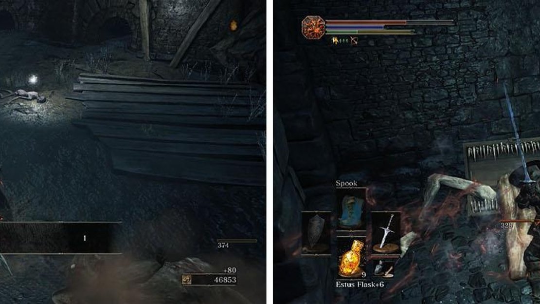 Drop into the area with Hound-rats to find multiple items (left) and then exit via the ladder near the Mimic (right).