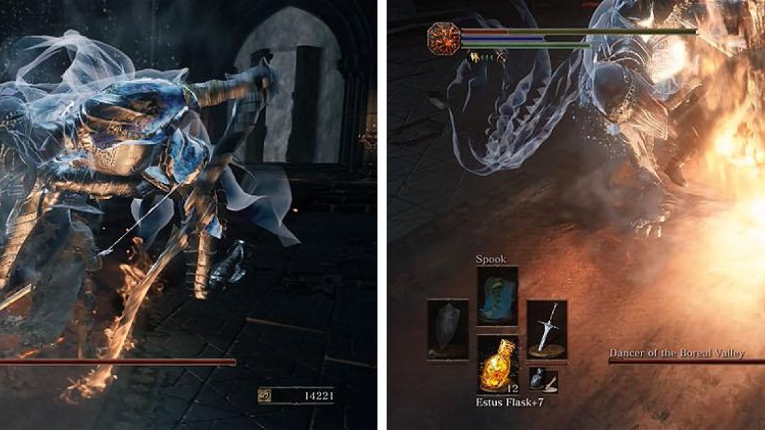 Stay close to the Dancer to roll under her attacks, but be wary of her grab attack which does massive damage if she gets a hold of you.