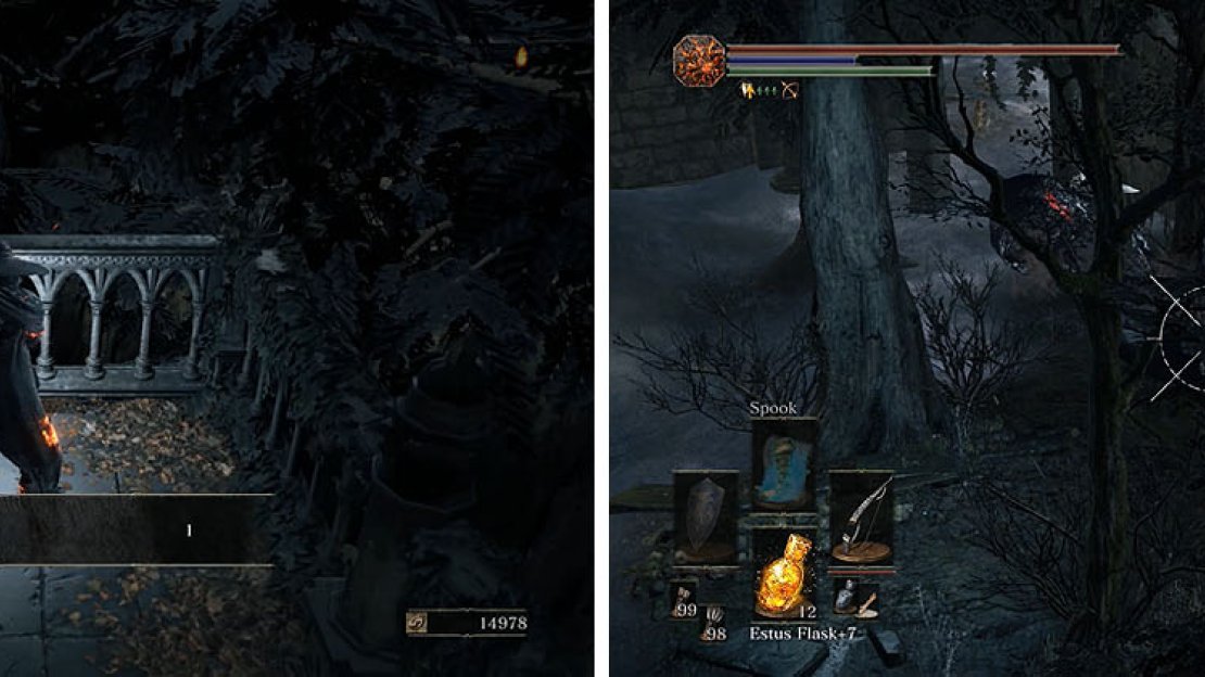 Hop off the lift to a balcony with the Estus Shard (left) and then shoot through the trees to draw over a Pus of Man (right).