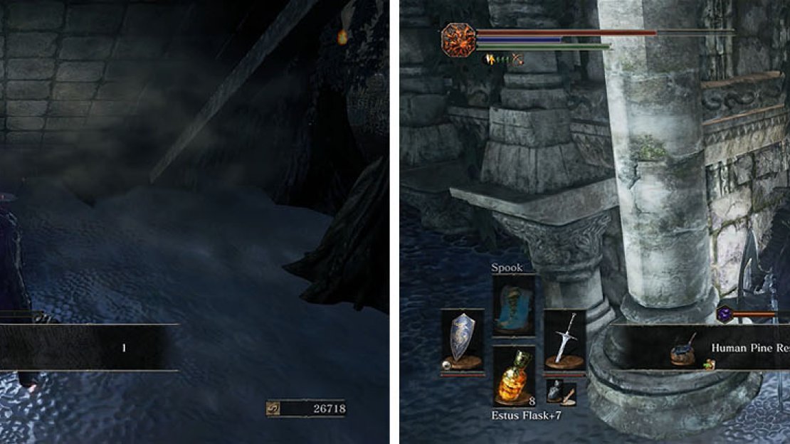 Beneath the stairs is a Dark Gem, while on the opposite side there is more items.