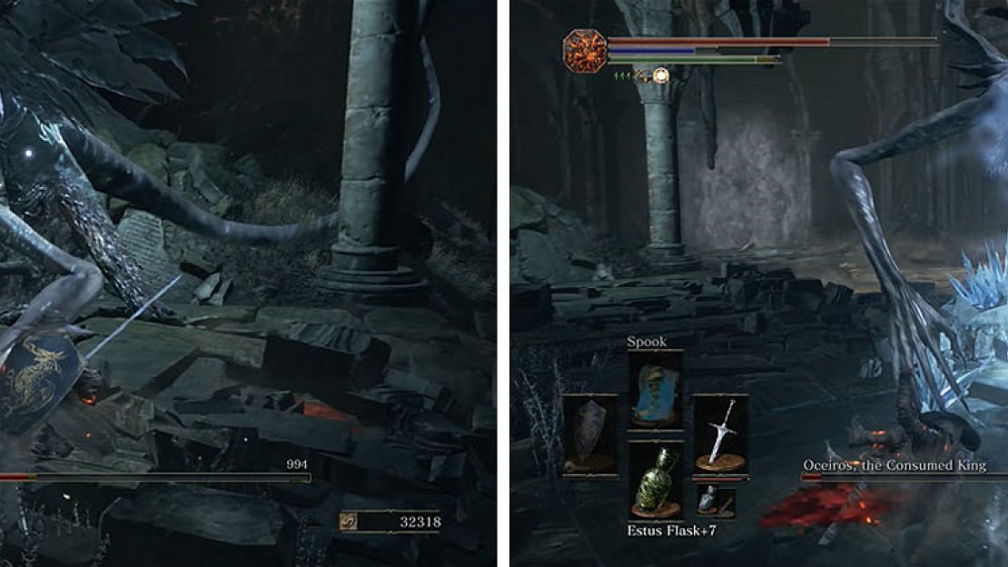 Oceiros becomes more feral in Stage 2, crawling on all fours and charging at you. He also uses additional breath attacks instead of the Ice Mist.