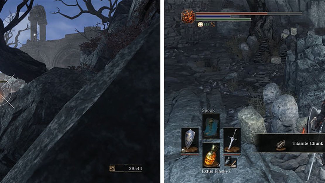 Attack the majority of the enemies up ahead with ranged attacks (left) and then collect the items near the bonfire (right).