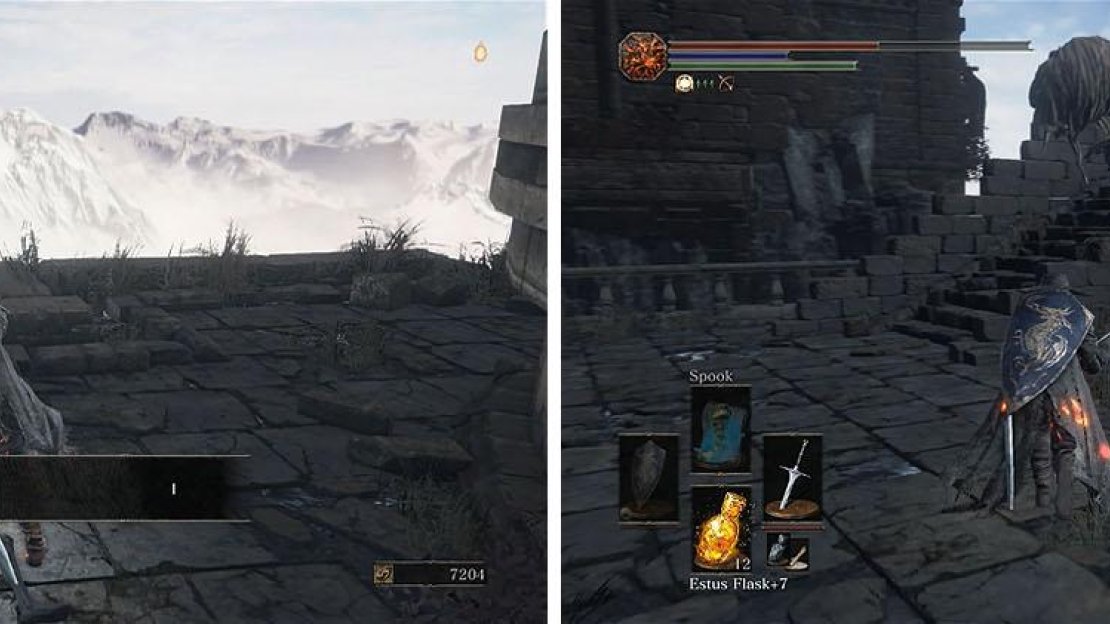 Head around the side of the gateway for a Titanite Chunk (left) and then make your way up the stairs to encounter a Large Serpent-man (right).