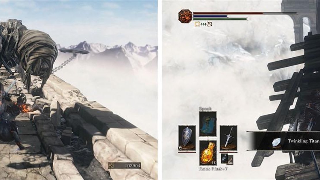 There is another Large Serpent-man on the bridge (left) and if you head back up the ladder you can get the Twinkling Titanite at the end (right).